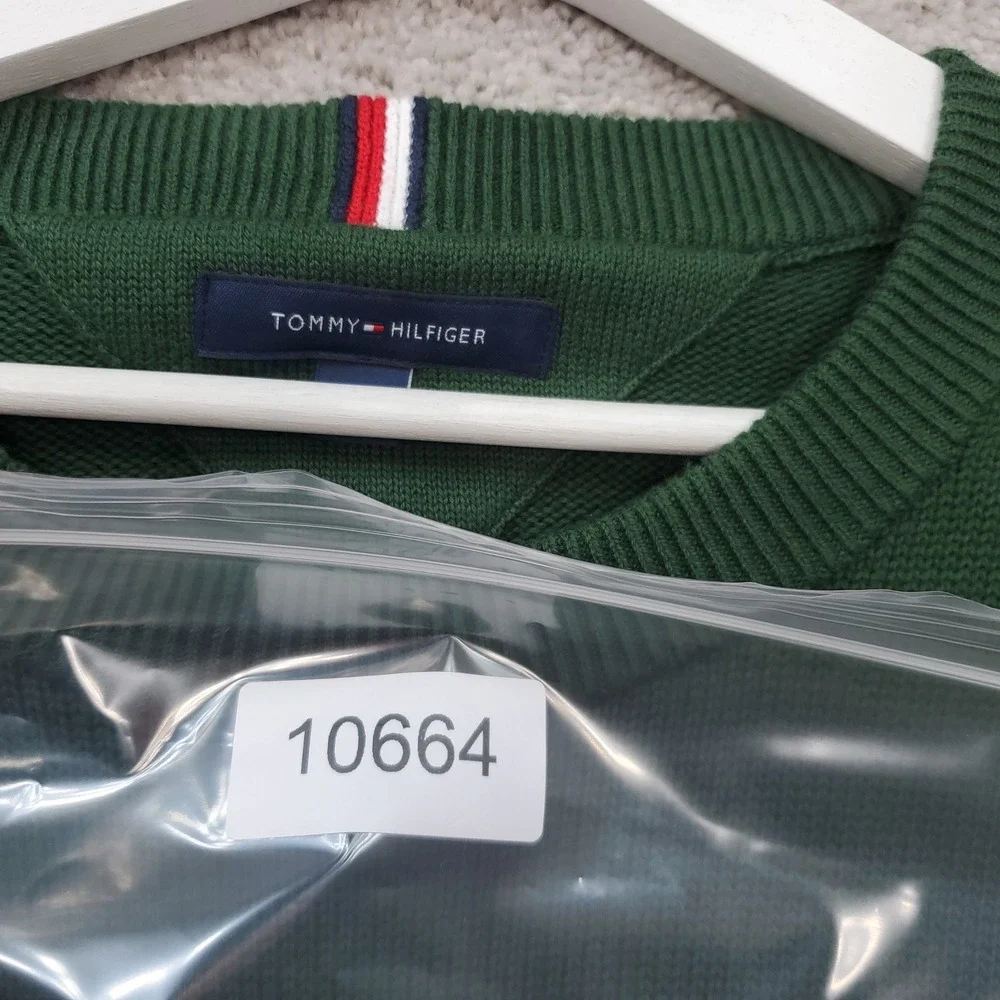 Tommy Hilfiger Sweater Mens Large Green Crest Embroidered Cotton Crew Cabin